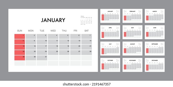 Calendar template for 2023 year. Planner vector diary in a minimalist style. Corporate and business calendar template. Day planner for records throughout the year. Week start on Sunday