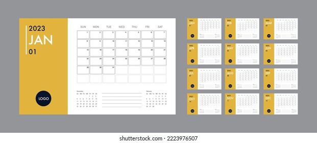 Calendar template for 2023 year. Planner diary in a minimalist style. Corporate and business calendar. 2023 calendar in minimal table and blue and yellow color event planner, Week Starts Sunday