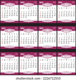 Calendar template for 2023 year. Planner diary in a minimalist style. Corporate and business calendar 2023 calendar in minimal table with multiple, attractive color event planner, Week Starts Sunday