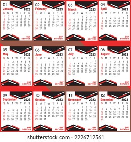 Calendar template for 2023 year. Planner diary in a minimalist style. Corporate and business calendar 2023 calendar in minimal table with multiple, attractive color event planner, Week Starts Sunday