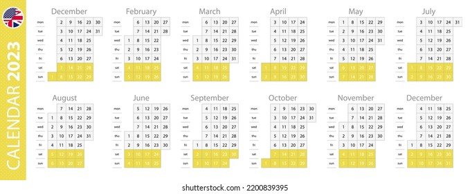 Plantilla de calendario para 2023 año, diseño vertical de cuadrícula. Calendario de vectores 2023.