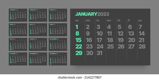 Calendar template for 2023 year with week start on Sunday. In dark colors.