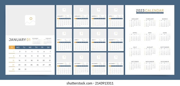 Calendar template for 2023 year. Week starts on Sunday. Wall planner with photo image. Corporate or business calendar. 2023 calendar in minimal business style for. English vector calendar.