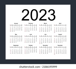 Calendar template for 2023 year. Week starts from Sunday. Isolated vector illustration on white background.