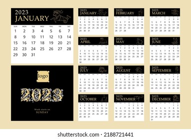 Calendar template for 2023 year with zodiac signs in gothic style. Week Starts Sunday.