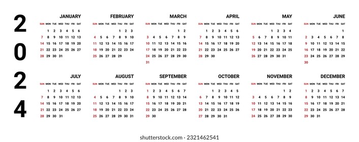 Calendar template for 2024 in classic strict style. Horizontal minimalist design. Wall, table calendar. Restrained business design for notebook and planner. The week starts on Sunday