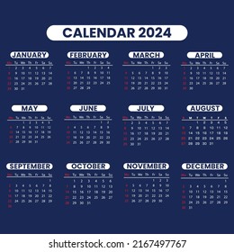 Calendar template 2024. English simple vector vertical wall or pocket calendar |Calendar 2024 year. | English Calendar 2024

