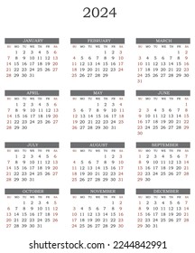 Calendar template 2024 with gird vertical. Week starts Sunday. Vector template. Regular font