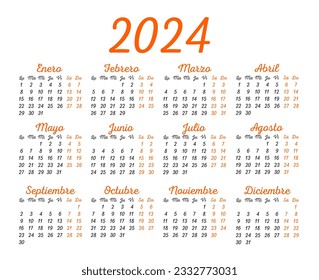 
Calendar template for 2024 in Spanish. The week starts on Monday.