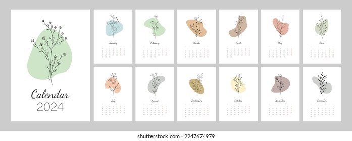 Calendar template for 2024. Vertical design with botanical line art. Natural colors. Editable illustration page template A4, A3, set of 12 months with cover. Vector mesh. Week starts on Monday.