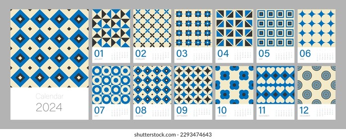 Calendar template for 2024. Vertical design with bright colorful retro geometric ornaments. Editable illustration page template A4, A3, set of 12 months with cover. Vector mesh. Week starts on Sunday.
