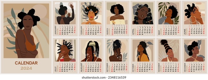 Calendar template for 2024. Vertical design with abstract beautiful black women. Trendy bohemian prints. Vector illustration page A3, A2, A1 for printable wall monthly calendar. Week starts on Sunday