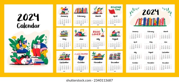 Calendar template for 2024. Vertical layout A4, A3, A5. People reading in the library, students. Set of 12 months and cover