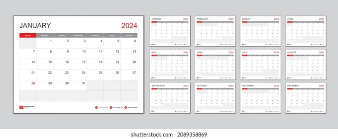 Calendar template for 2024 with week start on Sunday.Desk Calendar 2024 template, Planner simple, wall calendar 2024 design, Stationery, printing media, Business vector, illustration