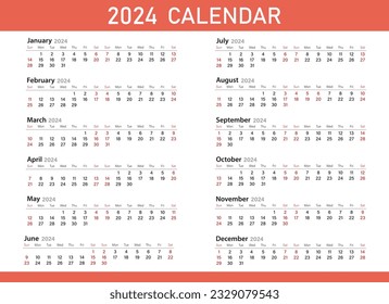 Calendar template for 2024. The week starts on Sunday. Diary planner , corporate and business calendar. Organizer. Monthly calendar. Daily planner.