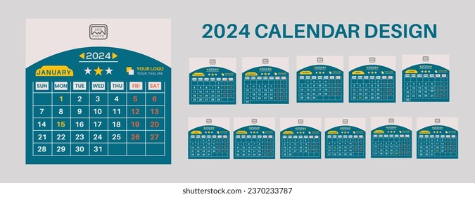 Calendar template for 2024 year. Corporate and business calendar template. Week start on Sunday.