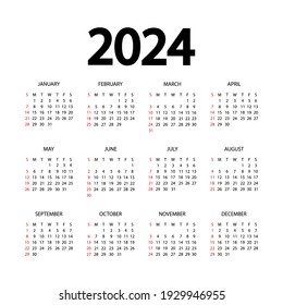 Calendar template for 2024 year. Planner diary in a minimalist style. The week starts on Sunday. Annual calendar template. Mockup design in black and white colors, holidays in red colors. Vector