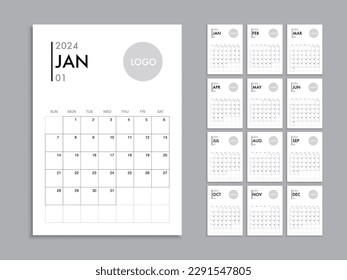 Calendar template for 2024 year. Planner vector diary in a minimalist style. Corporate and business calendar template. Day planner for records throughout the year. Week start on Sunday