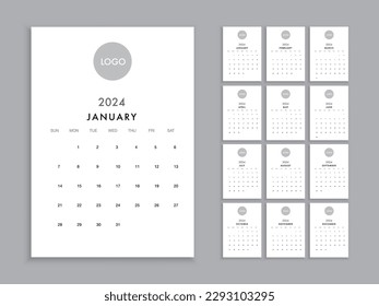 Calendar template for 2024 year. Planner diary in a minimalist style. Corporate and business calendar. 2024 calendar in minimal wall  white color event planner, Week Starts Sunday