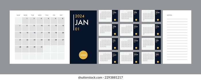 Kalender 2024 Vorlage Vektortagebuch im minimalistischen Stil