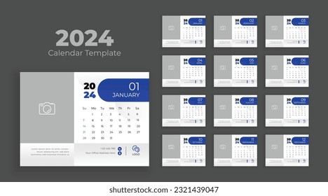 Kalendervorlage für das Jahr 2024. Kalender 2024 Planer Corporate Template Design Set. Die Woche beginnt am Sonntag