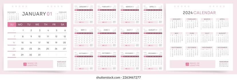 Calendar template for 2024 year. Week starts on Sunday. Square planner with photo image. Corporate or business calendar. Spiral 2024 calendar in minimal business style for wall or desk.