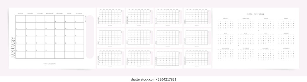 Calendar template for 2024 year. Week starts on Sunday. Simple planner with notes place. horizontal print pages. 2024 calendar in minimalist style. English Vector calendar template for 2024 year.