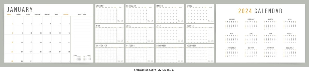 Plantilla del calendario para 2024 año. La semana comienza el domingo. Business Classic Style con notas. Calendario corporativo o comercial. calendario 2023 con un estilo de negocio mínimo para. Calendario vectorial inglés.