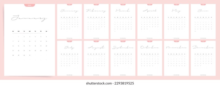 Calendar template for 2024 year. Week starts on Sunday. Aesthetic style calendar. Personal or business calendar. 2023 calendar in minimal business style for. English vector.