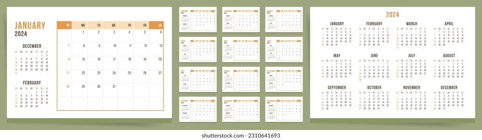 Calendar template for 2024 year. Week starts on Sunday. Desktop planner in minimal asian style. Corporate or business calendar. 2024 calendar in minimalist oriental style for. English vector calendar.