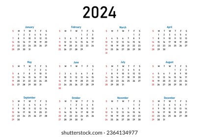 Calendar template for 2024 year. Week Start on Sunday. Wall calendar in a minimalist style