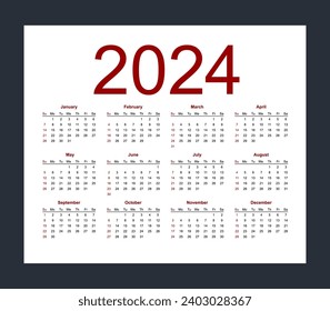 Plantilla del calendario para 2024 año. La semana comienza el domingo. Ilustración vectorial aislada sobre fondo blanco.