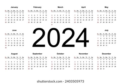 Calendar template for 2024 year. Week starts from Sunday. Isolated vector illustration on white background.
