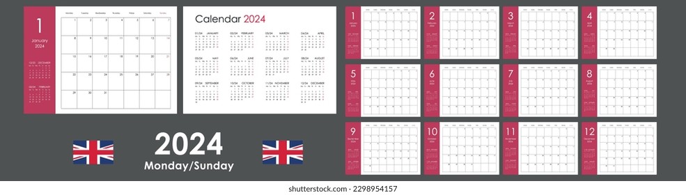 Plantilla de calendario 2024. Organizador anual de planificadores para todos los días. La semana comienza el lunes. 