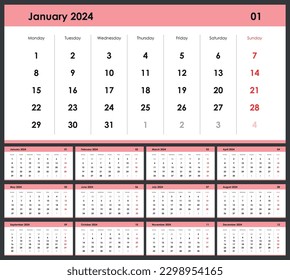 Calendar template 2024. Yearly planner organizer for every day. Week starts on Monday. 
