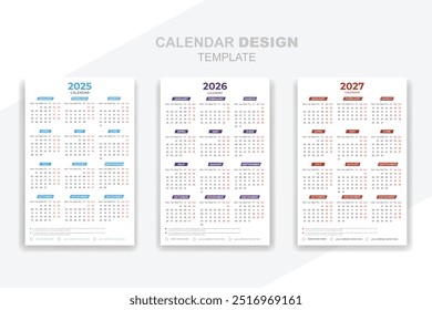 Calendar template 2025 , 2026, 2027 year set collection modern creative with mandala design