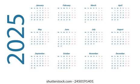 Calendar template for 2025 by month. The week starts on Monday. A business calendar in a minimalist style.