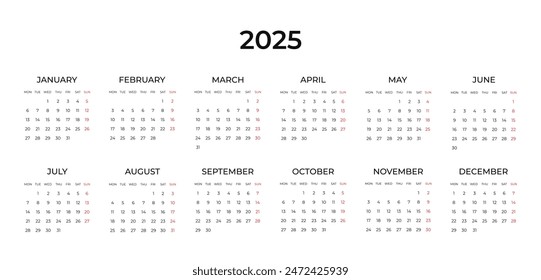 Calendar template for 2025 in classic strict style. Horizontal minimalist design. Wall, table calendar. Restrained business design for notebook and planner. The week starts on Monday