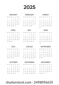 Calendar template for 2025 in classic strict style. Horizontal minimalist design. Wall, table calendar. Restrained business design for notebook and planner. The week starts on Monday