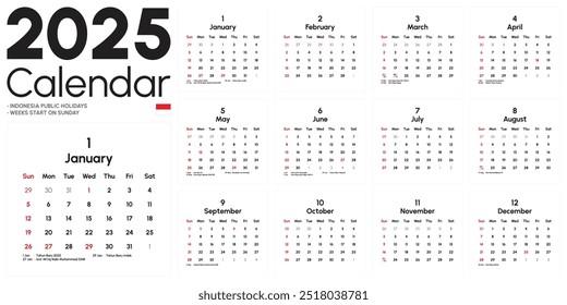 Modelo de calendário 2025 criativo mínimo negócio mensal. Mesa, calendário de parede para impressão, calendário digital ou planejador. A semana começa no domingo. Simples moderno elemento de projeto de layout de calendário anual. Vetor.