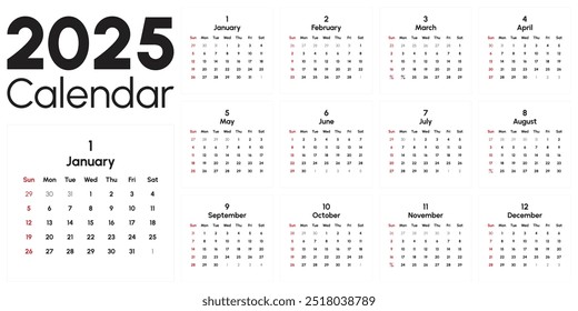 Modelo de calendário 2025 criativo mínimo negócio mensal. Mesa, calendário de parede para impressão, calendário digital ou planejador. A semana começa no domingo. Simples moderno elemento de projeto de layout de calendário anual. Vetor.