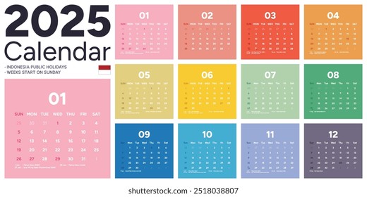 Calendar template 2025 creative minimal business monthly. Desk, wall calendar for print, digital calendar or planner. Week start on Sunday. Simple modern annual calendar layout design element. Vector.