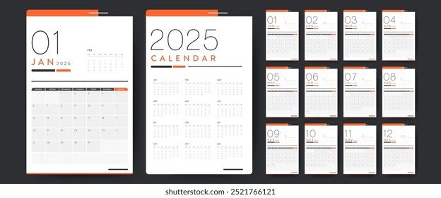 Calendario Plantilla 2025 creativo mínimo de negocios mensual. Escritorio, calendario de pared para imprimir, calendario digital o planificador. La semana comienza el lunes. Elemento de diseño de diseño de calendario anual moderno simple. Vector.