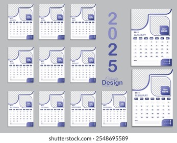 Calendario Plantilla 2025 creativo mínimo de negocios mensual. Escritorio, calendario de pared para imprimir, calendario digital o planificador. La semana comienza el lunes. Elemento de diseño de diseño de calendario anual moderno simple. Vector