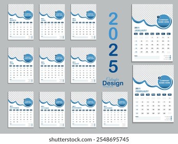 Calendario Plantilla 2025 creativo mínimo de negocios mensual. Escritorio, calendario de pared para imprimir, calendario digital o planificador. La semana comienza el lunes. Elemento de diseño de diseño de calendario anual moderno simple. Vector