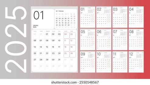 Calendar template 2025 creative minimal business monthly. Week start Monday corporate design template vector. Wall calendar for print, digital calendar, planner. Vector.