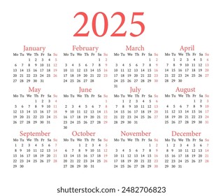 Calendar template for 2025 in English. Calendar 2025 template, Planner 2025 year,