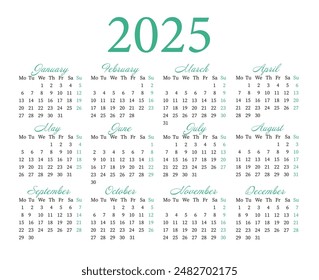 Calendar template for 2025 in English. The week starts on Monday.