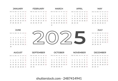 Calendar template for 2025. Horizontal minimalist design. Wall, table calendar. Restrained business design for notebook and planner. The week starts on Monday