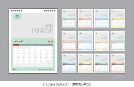 Calendar template for 2025 with week start on Sunday. Wall Calendar 2025 template, Planner, poster, Desk calendar 2025 design, Stationery, printing media, Business vector, illustration
